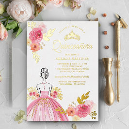 Roze bloemenjurk prinses Quinceanera goud Folie Uitnodiging