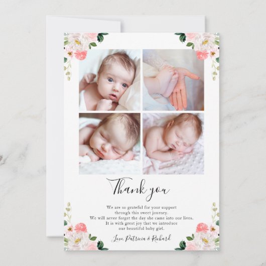 Roze bloemenkaart voor geboorteaankondiging bedank kaart (Achterkant)