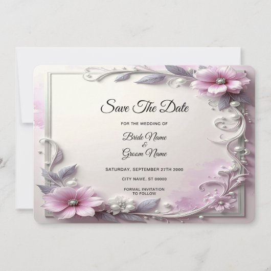 Roze bloemenkader Bewaar de datum Save The Date (Voorkant)