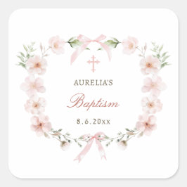 Roze bloemenkader Doop Vierkante Sticker