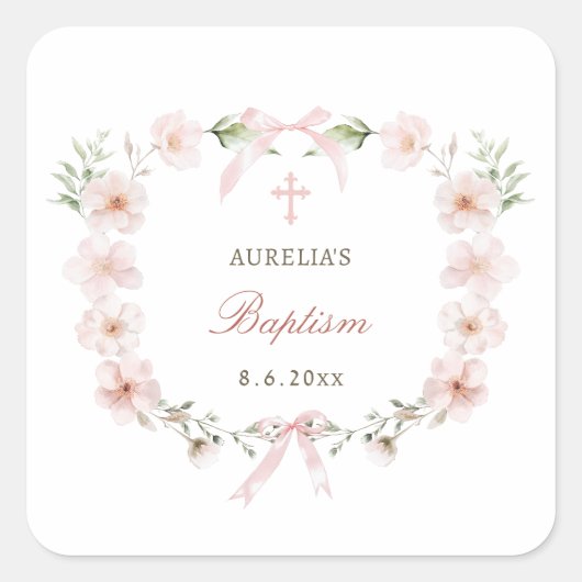 Roze bloemenkader Doop Vierkante Sticker (Voorkant)