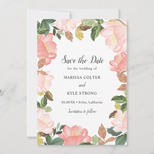 Roze Bloemenkader Elegante Trouw Save The Date (Voorkant)