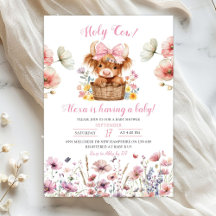 Roze bloemenkalfstier babyshower uitnodiging