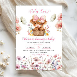 Roze bloemenkalfstier babyshower uitnodiging