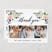 Roze Bloemenkalligrafie 3 Foto Bruiloft Dank u Briefkaart (Voorkant / Achterkant)