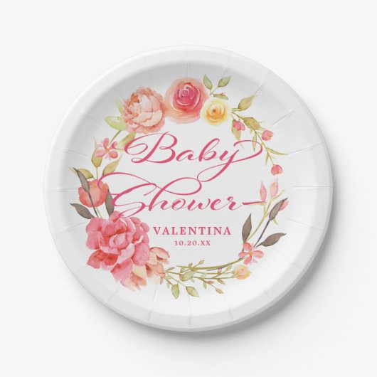 Roze Bloemenkalligrafie Girly Baby shower Papieren Bordje (Voorkant)