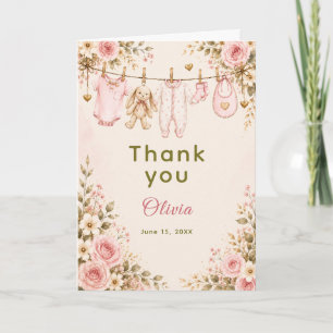 Roze bloemenkinderfeest waslijn baby shower bedankkaart