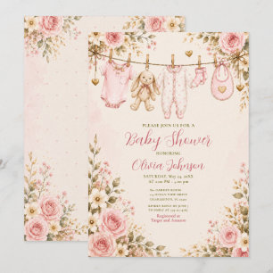 Roze bloemenkinderfeest waslijn baby shower kaart