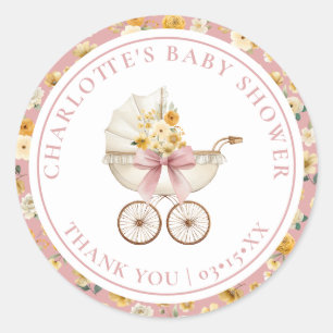 Roze bloemenkinderwagen baby shower sticker
