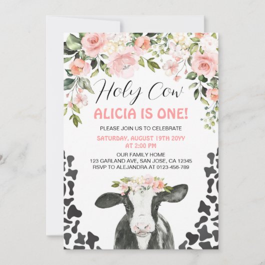 Roze Bloemenkleed Heilige Koe Eerste Verjaardag Kaart (Voorkant)