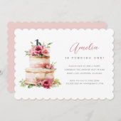 Roze Bloemenkoek Eerste Verjaardag Uitnodiging (Voorkant / Achterkant)