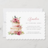 Roze Bloemenkoek Eerste Verjaardag Uitnodiging (Voorkant)