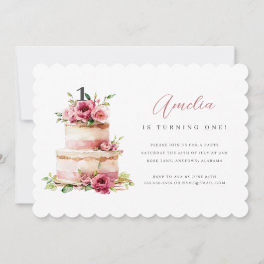 Roze Bloemenkoek Eerste Verjaardag Uitnodiging (Voorkant)