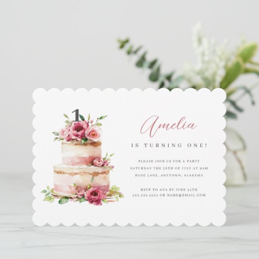 Roze Bloemenkoek Eerste Verjaardag Uitnodiging (Staand voorkant)