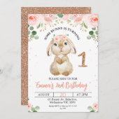 Roze Bloemenkonijn 1e Verjaardag Uitnodiging (Voorkant / Achterkant)