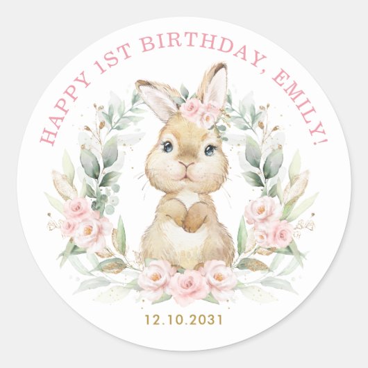 Roze Bloemenkonijn Gelukkige Verjaardagsgunsten Ronde Sticker (Voorkant)
