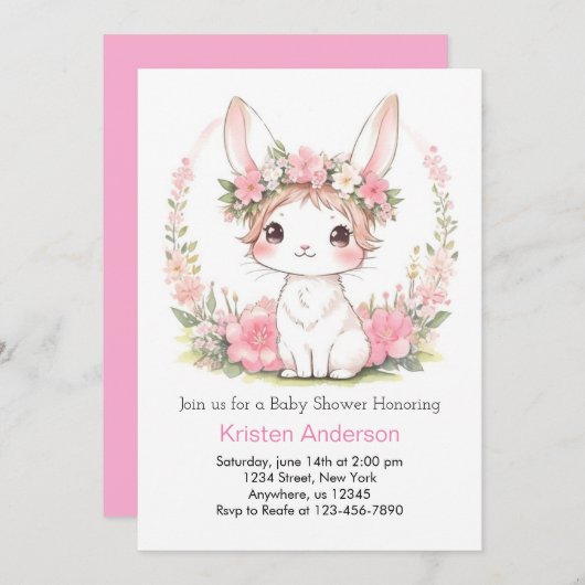 Roze Bloemenkonijn Magic Meisje Baby shower Kaart (Voorkant / Achterkant)