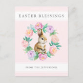 Roze Bloemenkonijn Pasen Zegeningen Feestdagenkaart (Voorkant)