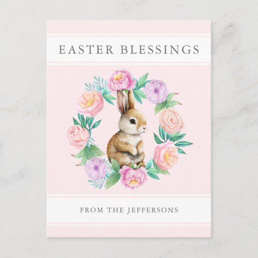 Roze Bloemenkonijn Pasen Zegeningen Feestdagenkaart (Voorkant)