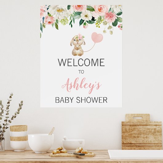 Roze Bloemenkonijnenballon Baby shower Welkomstbor Poster (Keuken)