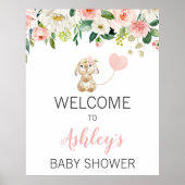 Roze Bloemenkonijnenballon Baby shower Welkomstbor Poster (Voorkant)