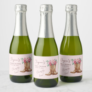 Roze Bloemenkowgirl Laarzen en Bruisende Bruilofts Sparkling Wijnetiket