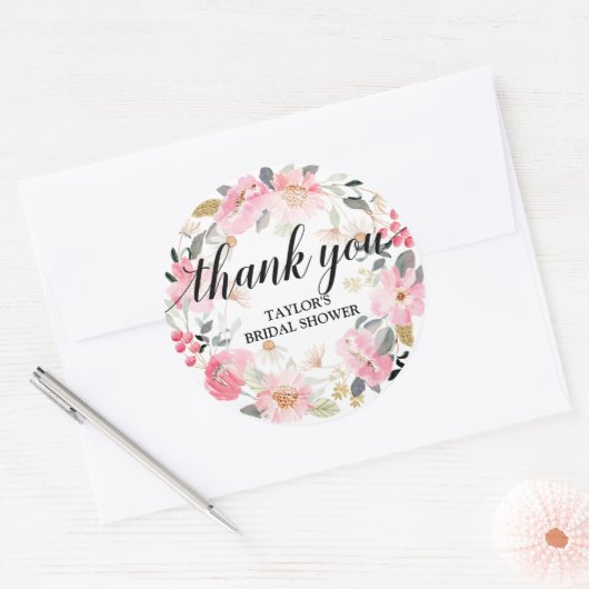 Roze bloemenkrans Bedankt Ronde Sticker (Envelop)