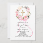 Roze bloemenkrans boog kruis meisje doop kaart (Voorkant)