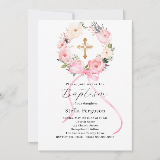 Roze bloemenkrans boog kruis meisje doop kaart (Voorkant)