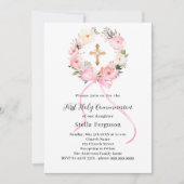 Roze bloemenkrans boog kruis meisje Eerste Communi Kaart (Voorkant)