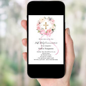 Roze bloemenkrans boog kruis meisje Eerste Communi Kaart