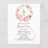 Roze bloemenkrans boog meisje doop uitnodiging (Voorkant)