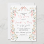 Roze Bloemenkrans Bow Butterfly Baby Meisje Douche Kaart (Voorkant)