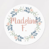Roze Bloemenkrans Custom Name Initiaal School Labels (Design 2)