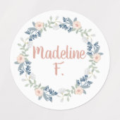 Roze Bloemenkrans Custom Name Initiaal School Labels (Design 1)