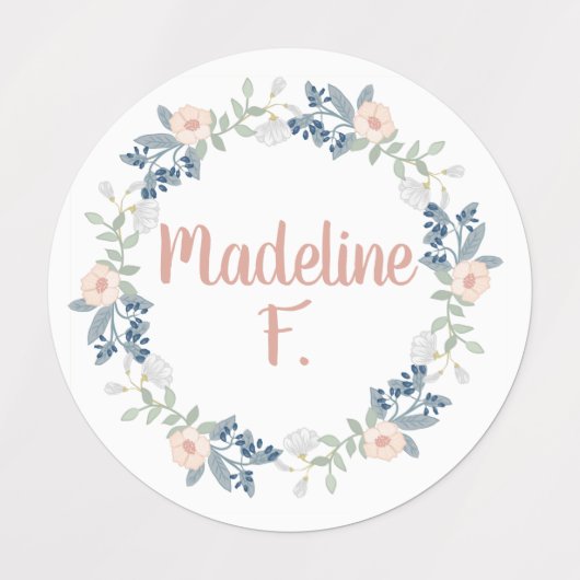 Roze Bloemenkrans Custom Name Initiaal School Labels (Design 1)