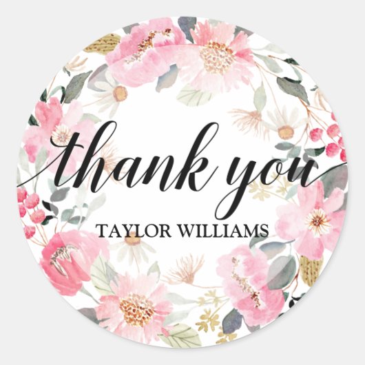 Roze bloemenkrans Dankjewel Ronde Sticker (Voorkant)