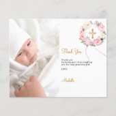 Roze bloemenkrans doop foto dankkaart (Voorkant)