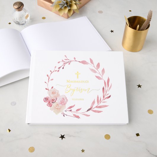 roze bloemenkrans Doop Gastenboek (Voorkant open)