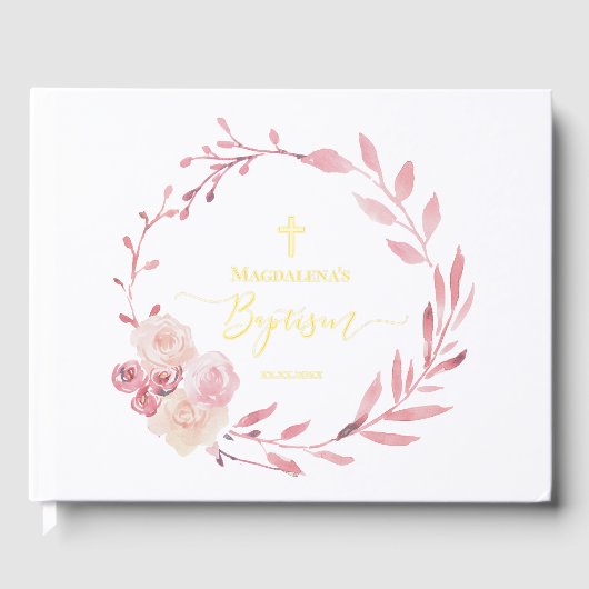 roze bloemenkrans Doop Gastenboek (Voorkant)