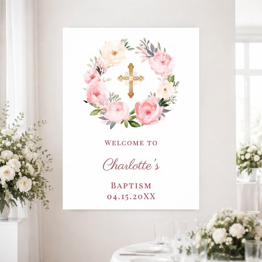 Roze bloemenkrans Doop welkom Poster