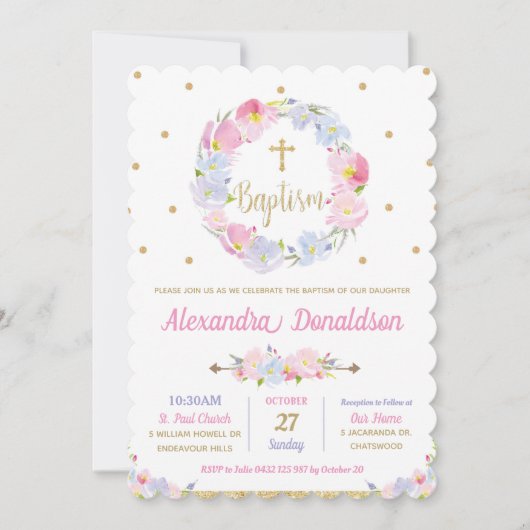 Roze bloemenkrans doopfeest meisje kaart (Voorkant)