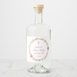 Roze Bloemenkrans Eerste Communie Likeurfles Etiket