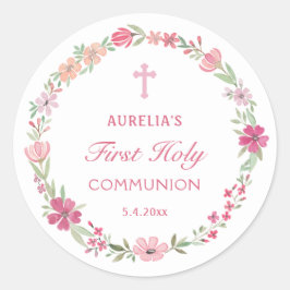 Roze Bloemenkrans Eerste Communie Ronde Sticker