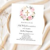 Roze bloemenkrans Eerste Communie uitnodiging