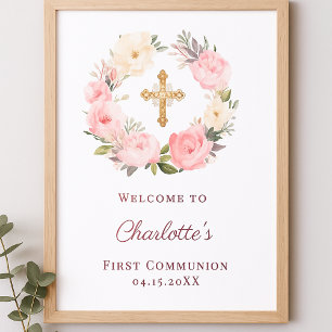 Roze bloemenkrans Eerste Communie welkom Poster