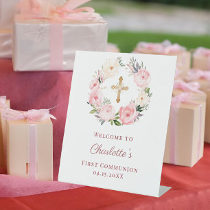 Roze bloemenkrans Eerste Communie welkom Reclamebord Met Voetstuk