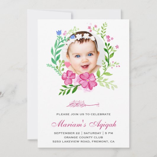 Roze Bloemenkrans Foto Baby Meisje Aqiqah Kaart (Voorkant)