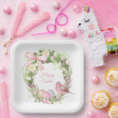Roze Bloemenkrans Gelukkig Pasen Papieren Bordje (Feest)