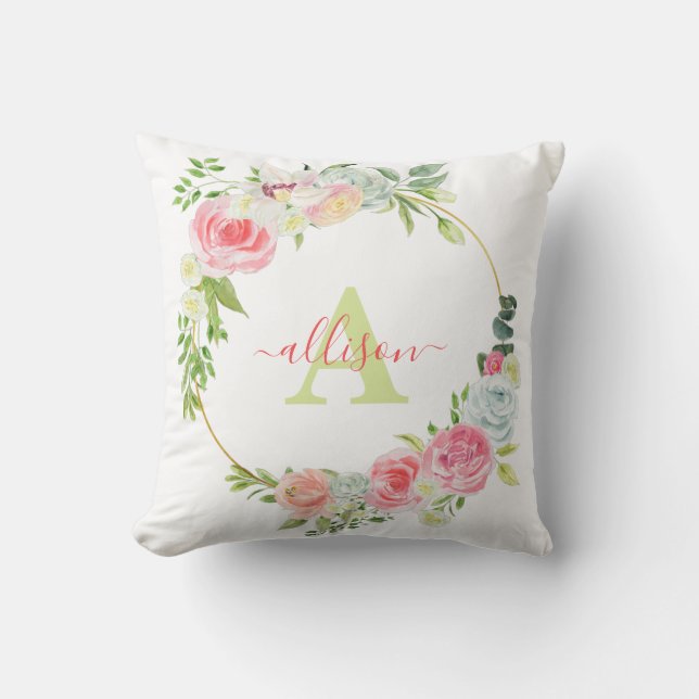 Roze bloemenkrans gepersonaliseerd kussen (Voorkant)
